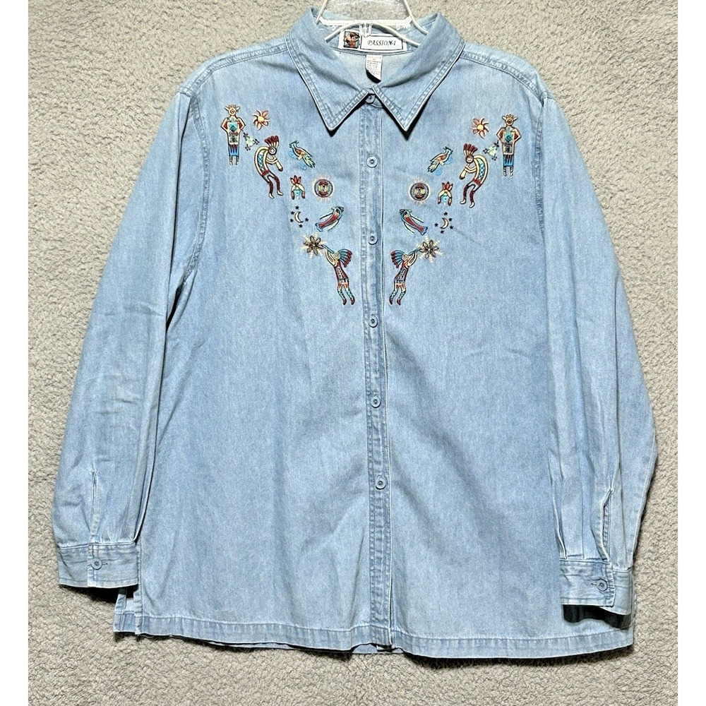Passions VTG 90s Denim‎ Shirt Kokapelli Embroidered Southwestern Hopi Zuni Sz XL